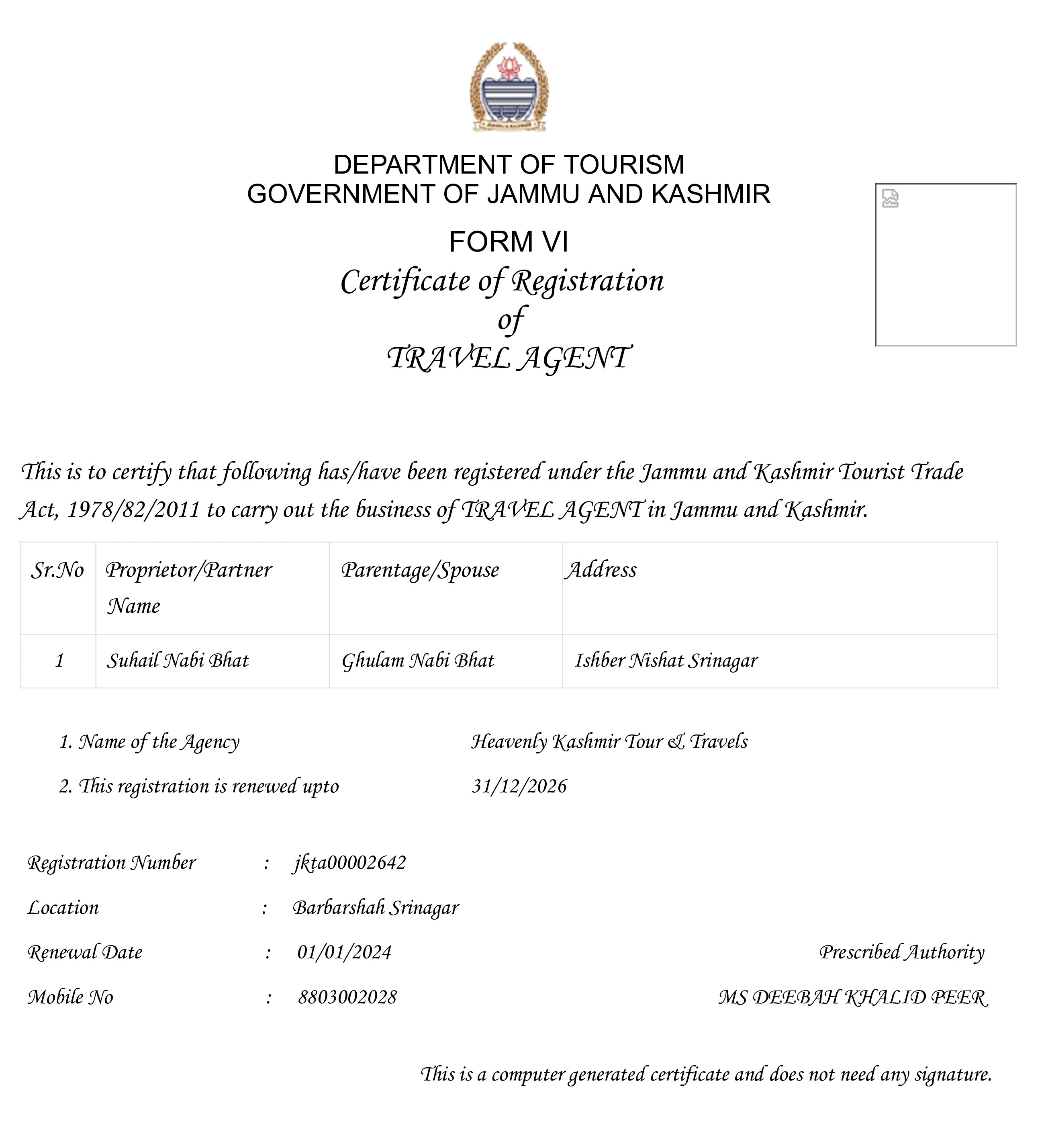 J&K Tourism Registration Certificate of Heavenly Kashmir
